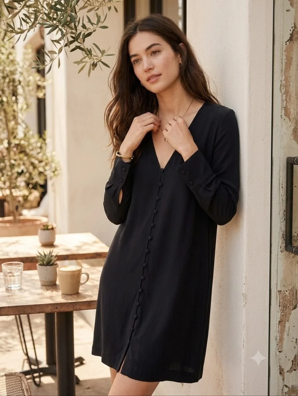 Madewell Heather Long Sleeve Button Front Dress Mens Black V-Neck Mini Size M - Picture 1 of 11